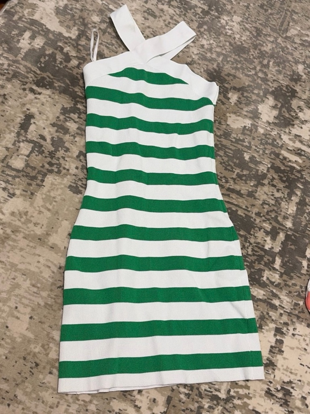Aritzia Green & White Striped One-Shoulder Knit Dress